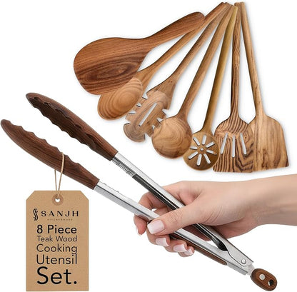 8 Piece Teak Wooden Cooking Spoons Set – Wooden Utensil Set with Spatula Scraper Pasta Spoon Rice Paddle Tongs for Everyday Cooking, Smooth Sanded Finish, Comfortable Grip Handles, Gentle on Cookware