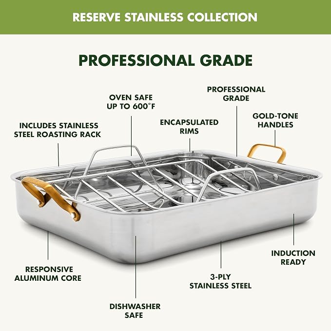 GreenPan Reserve 16" x 13" Tri-Ply Stainless Steel Roasting Pan with Roaster Rack, Multiclad Cookware, Induction Suitable, Gold Stainless Steel Handles, Dishwasher & Oven Safe, Silver