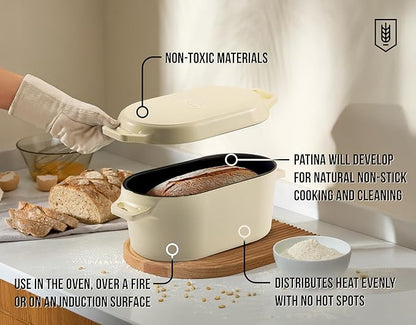 KooK Oval Loaf Shaped Cast Iron Dutch Oven for Bread Baking, 3.4 Qt Sourdough Dutch Oven with Lid, Enameled, Lid Lever, Dual Handles, Dishwasher Safe, 500°F Ivory
