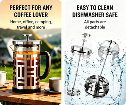French Press Coffee Maker 34 oz, Glass Coffee Press with 316 Stainless Steel Filter, Plastic-Free Brewer for Coffee, Cold Brew,Tea & Cocoa, With Extra Filter