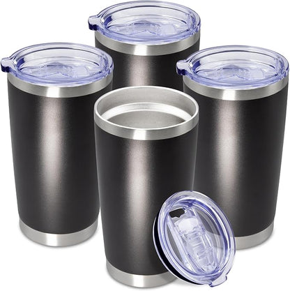 20 oz Tumbler Coffee Travel Tumblers Bulk with Lid Stainless Steel Double Wall Vacuum Insulated Mug Powder Coated Cups fit Car Cupholder for Hot and Cold - Black, 4Pack