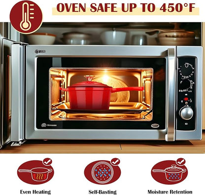 E-far Enameled Cast Iron Sauce Pan, 2 Quart Dutch Oven Saucepan with Lid, Small Sauce Pot for Cooking, Boiling, Healthy & Non Toxic, Induction & Oven Safe, Red