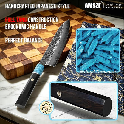 8" Japanese VG10 Damascus Chef Knife – Blue Turquoise, Ebony Handle | HRC 60-62, stays sharp 3X longer. 5-layer Damascus, full tang octagonal ebony handle with genuine blue turquoise