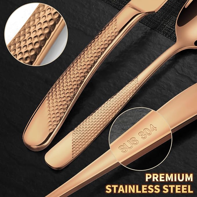 Lemeya 20-Piece Hammered Rose gold Silverware Set for 4,18/10 Stainless Steel Flatware Set with Serrated Forged Knives,Heavy Duty Cutlery Set for Home & Party,Mirror Polished, Dishwasher Safe
