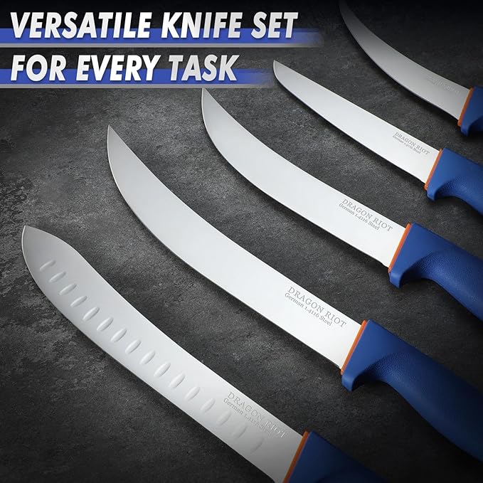 DRAGON RIOT 6 Pcs Butcher Knives Set, Meat Processing Knife Set for Brisket Trimming with German Stainless Steel and Blue Non-slip Handle Gift for Men