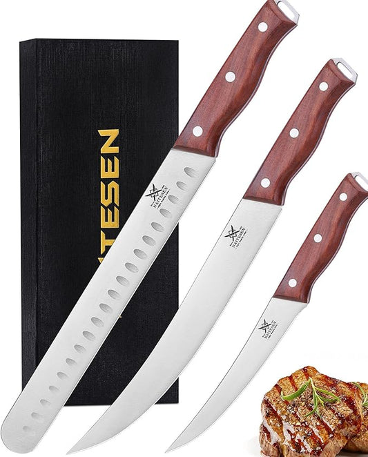 Naitesen 3PCS Professional Brisket Carving Knife Set, Butcher Knife, Very Sharp Meat Knives for BBQ Slicing Cutting Full Tang Rosewood Handle High Carbon Steel, Gifts for Men Women
