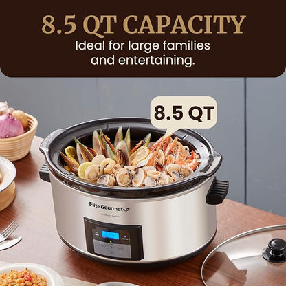 Elite Gourmet Stainless Steel Slow Cooker, Dishwasher-Safe with Tempered Glass Lid, Cool-Touch Handles, Removable Stoneware Pot, 8.5 Quart,MST-900V