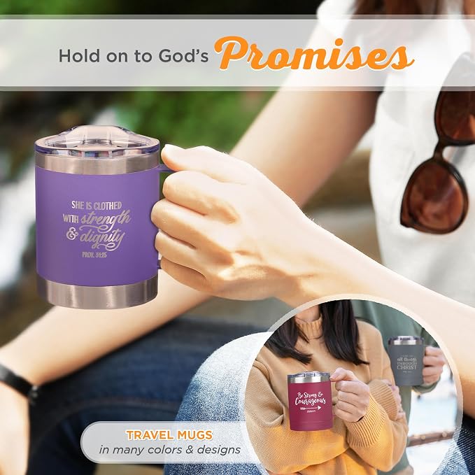 Christian Art Gifts Stainless Steel Double Wall Vacuum Insulated Camp Style Travel Mug 11 oz Purple Coffee Mug with Lid for Women - She is Clothed with Strength & Dignity -Proverbs 31:25