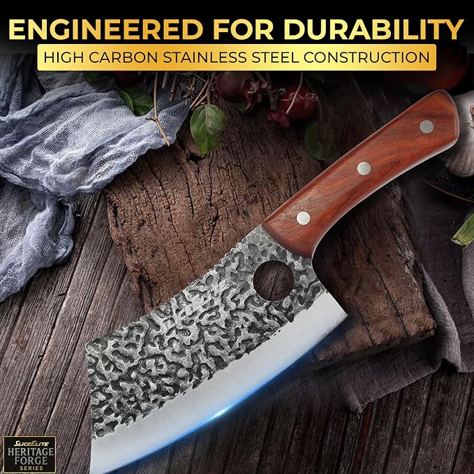 SliceElite Hand-Forged Professional Butcher Knife (3 PC BUTCHER KNIFE SET W/SANDLEWOOD HANDLES)