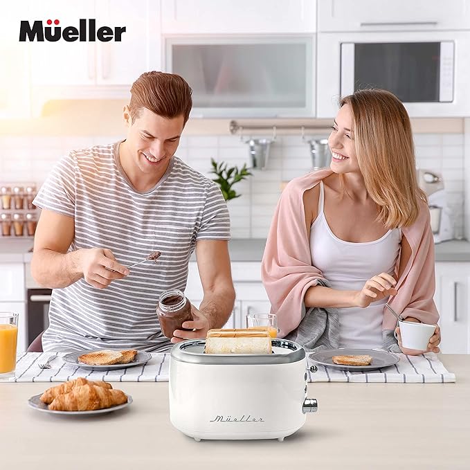 MUELLER HOME Retro Toaster 2 Slice, 7 Browning Levels, 3 Functions (Reheat, Defrost, Cancel), Stainless Steel Features, Removable Crumb Tray, Under Base Cord Storage, White Toaster Kitchen Appliances
