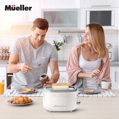 MUELLER HOME Retro Toaster 2 Slice, 7 Browning Levels, 3 Functions (Reheat, Defrost, Cancel), Stainless Steel Features, Removable Crumb Tray, Under Base Cord Storage, White Toaster Kitchen Appliances