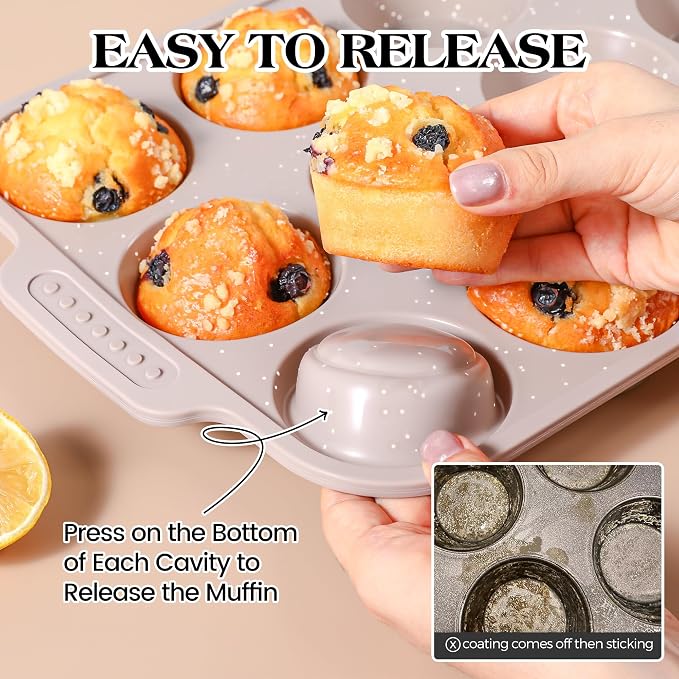 2 Pcs Silicone Muffin Pans for Baking with Metal Reinforced Frame, Nonstick Cupcake Tray for Oven, 12 Cups Regular and 24 Cups Mini Size Silicone Molds for Egg Bites (Brown, Cream)