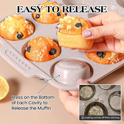 2 Pcs Silicone Muffin Pans for Baking with Metal Reinforced Frame, Nonstick Cupcake Tray for Oven, 12 Cups Regular and 24 Cups Mini Size Silicone Molds for Egg Bites (Brown, Cream)