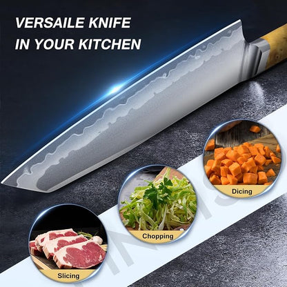 FINTISO Chef Knife 8 inch Kitchen Knife in S35VN Powder Steel Core Japanese Chef Knife, 7-Layers Clad Steel Cooking Knife Super Sharp Knife for Kitchen with Celestial Resin & Wood Handle Gift Box