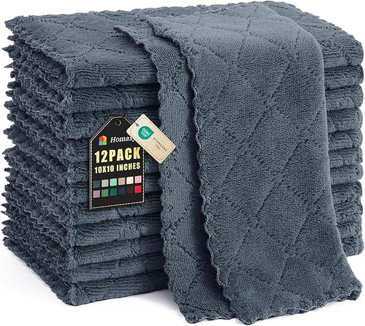 Homaxy 12 Pack Kitchen Dish Cloths (10 x 10 Inches, Dark Grey), Super Soft and Absorbent Coral Velvet Dish Towels, Nonstick Oil Fast Drying Microfiber Cleaning Cloth, No Lint Household Dishcloths