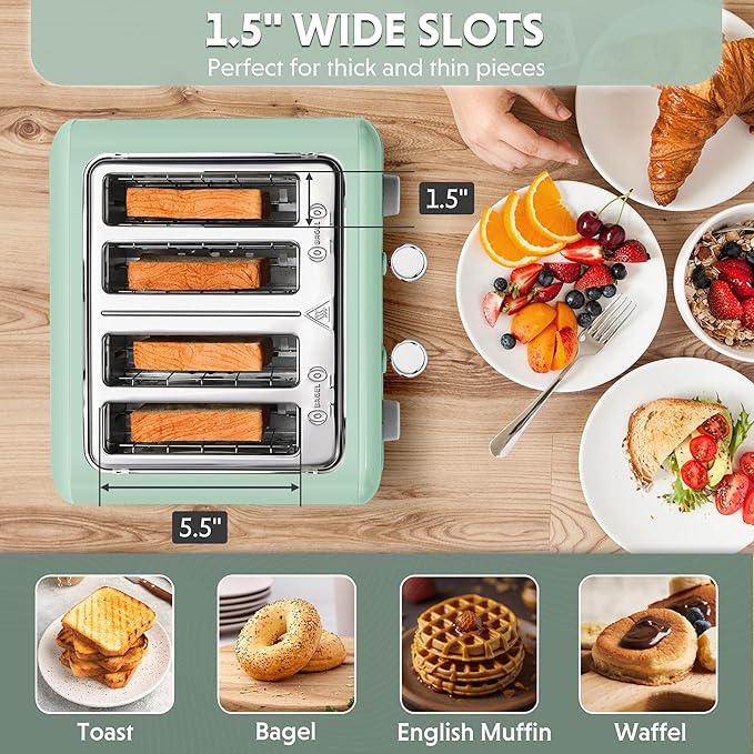 BUYDEEM DT640 4-Slice Toaster, 7 Shade Settings, Extra Wide 1.5’’ Slots for Bagel & English Muffin, 6 Toasting Functions, Retro Stainless Steel Toaster with High Lift Lever, 1800W, Green