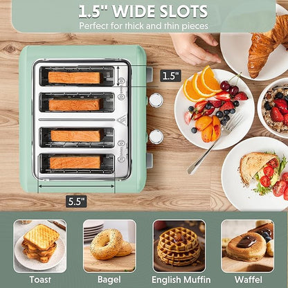 BUYDEEM DT640 4-Slice Toaster, 7 Shade Settings, Extra Wide 1.5’’ Slots for Bagel & English Muffin, 6 Toasting Functions, Retro Stainless Steel Toaster with High Lift Lever, 1800W, Green