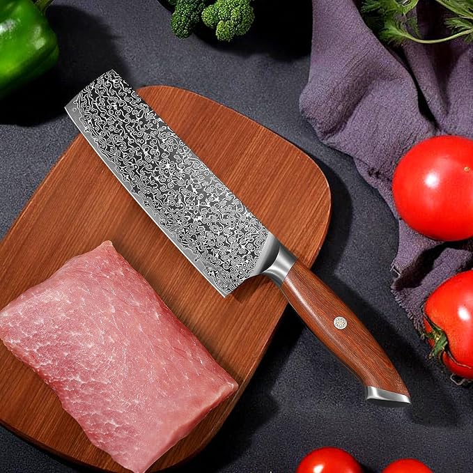 Freelander 7-Inch Nakiri Knife with VG10 Damascus Steel Core, 67-Layer Blade and Walnut Wood Handle, Full Tang Design with Mosaic Pin, Premium Kitchen Knife