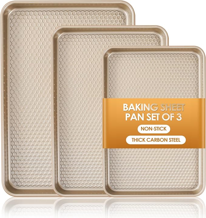 Baking Sheet Pan Set of 3, Nonstick Carbon Steel Cookie Sheets with Texture, Commercial Half/Quarter/Jelly Roll Pans Replacement Toaster Oven Tray, Heavy Duty & Easy Clean, Champagne Gold