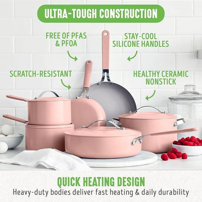 GreenLife 10-Piece Nonstick Ceramic Cookware Set, Lightweight Healthy PFAS-Free Pots & Pans with Lids, Dishwasher & Oven Safe, Durable Body, Silicone Stay-Cool Handles, Easy Release, Pink