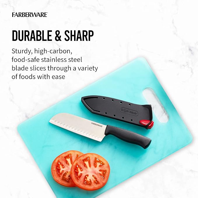 Farberware Edgekeeper 5-Inch Santoku Knife with Self-Sharpening Blade Cover, High Carbon-Stainless Steel Kitchen Knife with Ergonomic Handle, Razor-Sharp Knife, Black