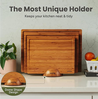 SMIRLY Bamboo Cutting board for Kitchen - Wood Cutting Boards for Meal Prep, Serving, Charcuterie - Kitchen Gadgets, House Warming Gifts - Wooden Chopping Board Set of 3 with Holder - Brown Bamboo