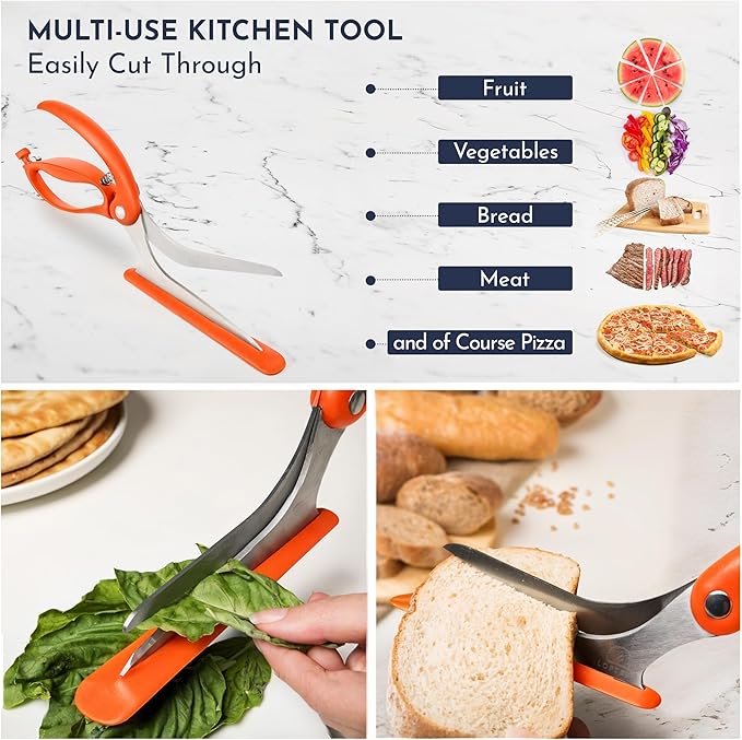 Orange Pizza Scissors - Non-Stick Pizza Scissors with Firm Grip Base - Food Grade Stainless Steel Pizza Cutter - 5-in-1 Food Slicer & Pizza Server - Durable, Safe & Mess Free