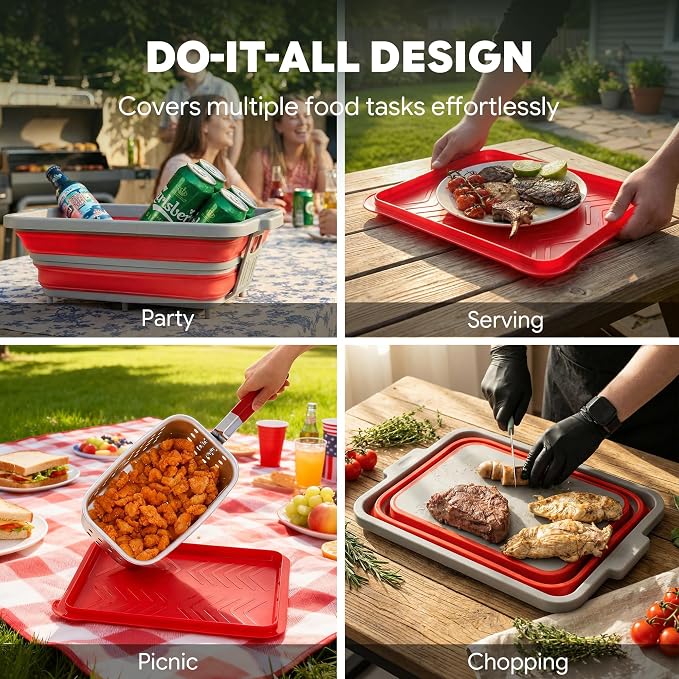 FEASTO Collapsible BBQ Prep Tubs with Cutting Board, 9-IN-1, 2 Tubs Portable Grill Prep Station with Side Brackets, Lids, Knives, Meat Claws and Drain Rack, Space-Saving for Kitchen & Camping, Red