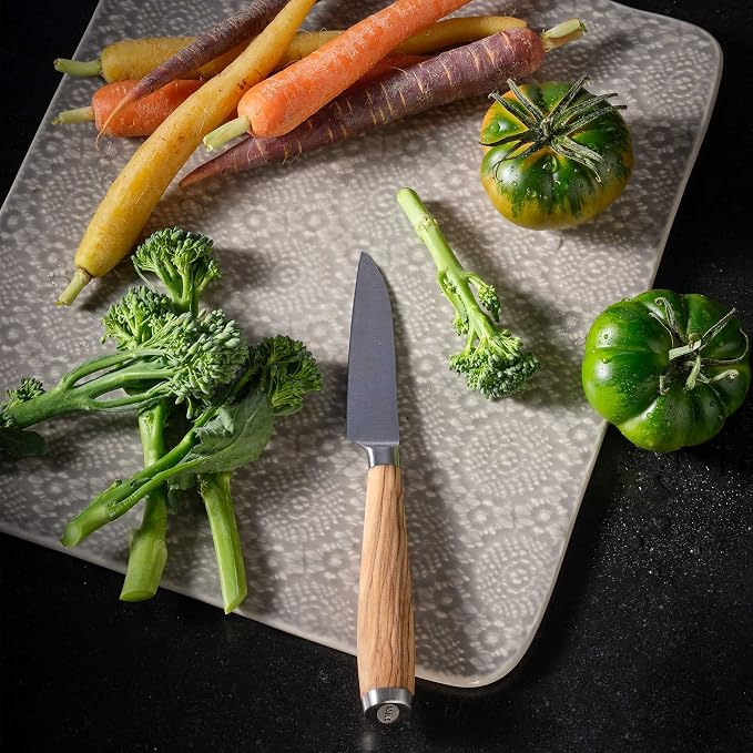 Rösle Artesano Forged Santoku Knife with Olive Wood Handle, Fluted Edges made for Fine Cutting Meat, Fish, and Vegetables, 6.5 in Blade