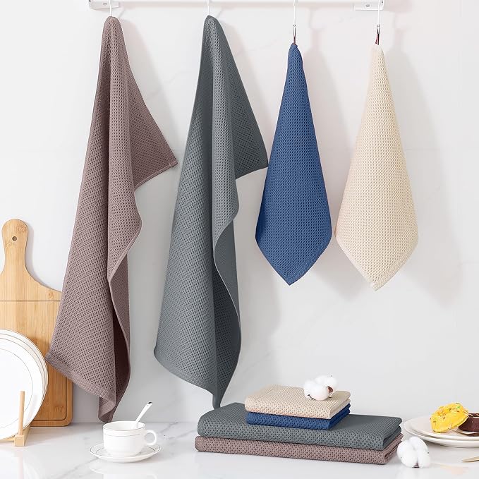 Homaxy 100% Cotton Kitchen Towels and Dishcloths Set, 12 x 12 Inches and 13 x 28 Inches, Set of 8 Bulk Kitchen Towels Set, Ultra Soft Absorbent Dish Cloths for Washing Dishes, Grey/Beige/Blue/Brown