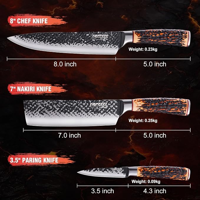 Topfeel kitchen knife set, 3 PCS Japanese Chef Knife Set, Hand Forged High Carbon Stainless Steel Knives Sets，Ultra Sharp Professional Chef Knives Sets with Unique Antler-like Handle