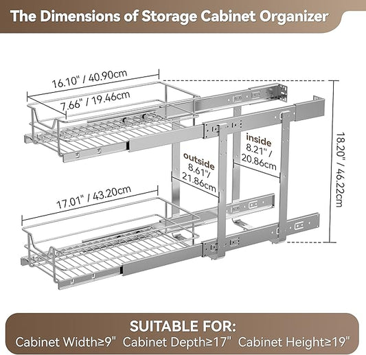 2 Tier Pull Out Cabinet Organizer 9" W X 17" D, Slide Out Drawers For Kitchen Cabinets, Pull Out Drawers For Cabinets Capacity Heavy Duty Caddy, Cabinet Pullout Shelves Chrome-Plated,Bathroom Pantry