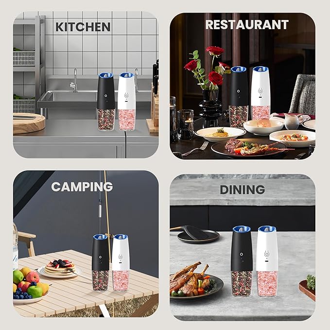 Rechargeable Salt And Pepper Grinder Set with LED Light, Automatic Electric Gravity Salt And Pepper Shakers Set, No Battery Needed, Adjustable Roughness, 2 Pack (Black+White)