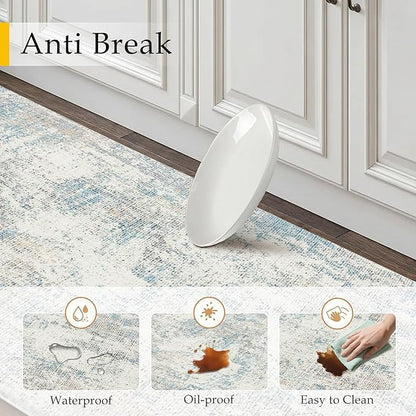 Kitchen Mats for Floor Set of 2 Anti Fatigue Waterproof Kitchen Rug Blue Cream Abstract Cushioned Non-Slip Kitchen Mats Comfort Standing Neutral Mat for Sink Laundry Office 17.3"×47"+17.3"×30"