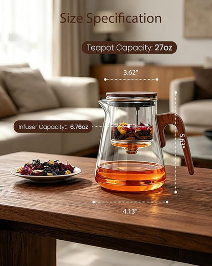ZENS Magnetic Tea Pot, Enchanted Glass Teapot with Infuser and Magnetic Suction Lid for Mess-Free Loose Tea Diffusers, Walnut Wood Handle, Tea Lovers Gifts