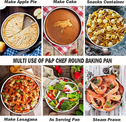 P&P CHEF 9.5 Inch Cake Pan Set of 4, Stainless Steel Baking Round Cake Pans Tins Bakeware for Birthday Wedding, Leak-proof & Easy Clean, Mirror Finish & Easy Releasing