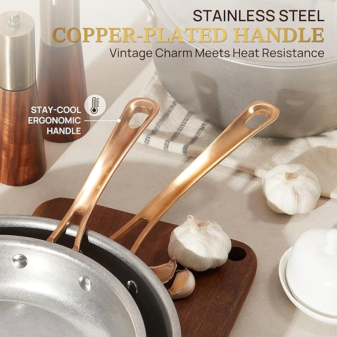 KOKHUB 7-Piece Tri-Ply Stainless Steel Cookware Set, Retro Pot and Pan Set Non Toxic, Kitchen Uncoated Cooking Set with Copper-Plated Handles, Oven & Induction Ready, Dishwasher Safe