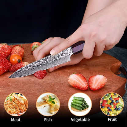 FINDKING 5 Inch Kitchen Utility Knife with ABS sheath, Multi-Purpose Japanese Paring Knife, Damascus Steel Blade, Resin Octagonal Handle, Small, for Fruits Vegetables (Eternity Series)