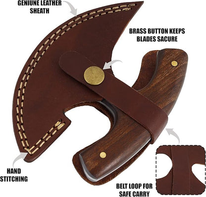 Custom Damascus Steel Ulu Knife Traditional Alaskan Damascus Ulu Knife with sheath Multi-Purpose Pizza Cutter, Vegetable Chopping, Boning Slicing Cutting Walnut Handle Leather Sheath