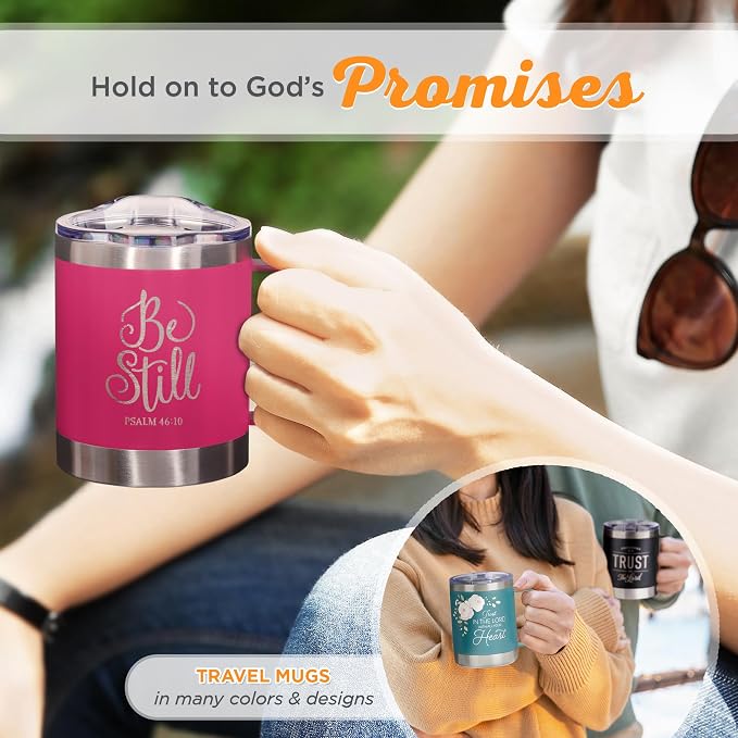 Christian Art Gifts Stainless Steel Double Wall Vacuum Insulated Camp Style Travel Mug 11 oz Pink Coffee Mug with Retractable Lid and Handle for Women with Bible Verse - Be Still -Psalm 46:10