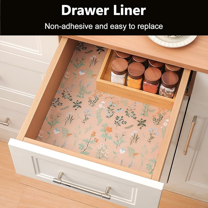 INNOLITES Shelf Liners for Kitchen Cabinets – Drawer Liner Waterproof & Oil-Proof, Non-Adhesive EVA with Floral Pattern – Durable Washable, Easy to Cut (Sage Green, 11.8" x 240")