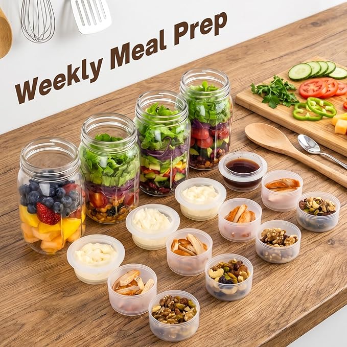 CLEANGOR 4 Pack 32 oz Glass Salad Jars Meal Prep Containers, Leakproof Mason Jars with Handle, 3 Built-in Divider Cups Wet/Dry Separation for Dressing Nuts Dry Ingredients, Ideal for Office Lunch Gym