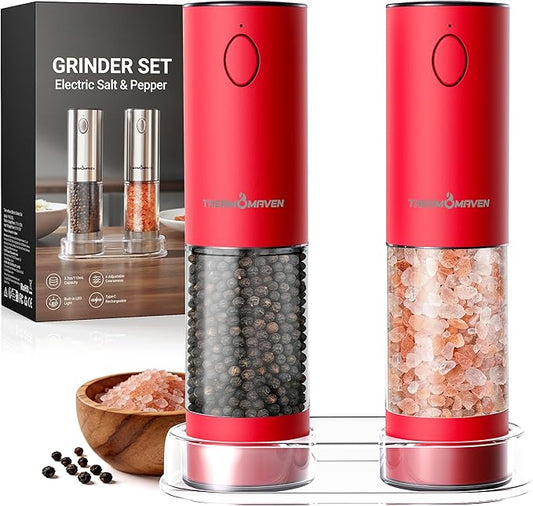 ThermoMaven Electric Salt and Pepper Grinder Set, 110ml Larger Rechargeable Automatic Salt and Pepper Mill Grinder with 6 Adjustable Coarseness, Electric Salt and Pepper Shakers, LED, 2 Packs, Red
