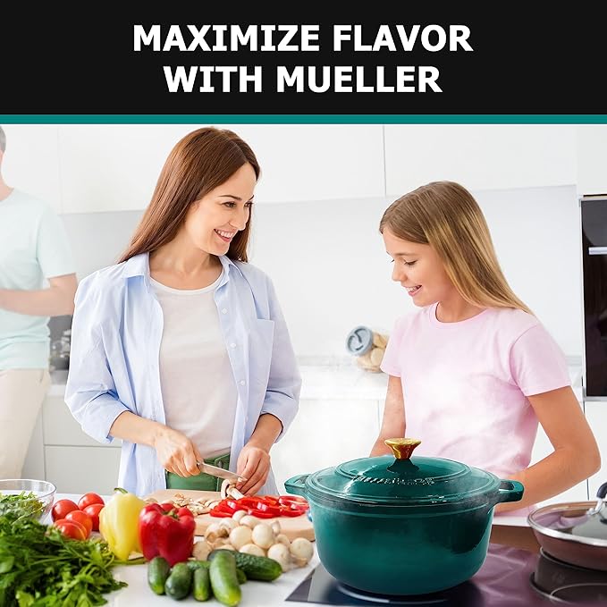 Mueller DuraCast 6 Quart Enameled Cast Iron Dutch Oven Pot with Lid, Sourdough Bread Baking, PFOA-Free, 500°F Oven Safe - All Cooktops incl. Induction, Braising & Slow Cooking, Emerald