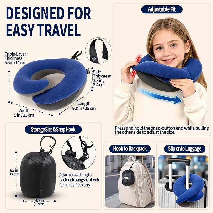 BUYUE Kids Travel Pillows for Airplane, Memory Foam 360° Head Support Sleeping Essentials for Boys Long Flight, Skin-Friendly Soft Neck Pillow for Traveling in Car Seat, (Small, Blue Grey, 40-90 lbs)