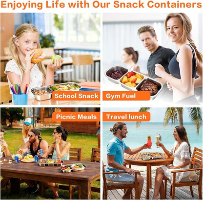 4 Pack Stainless Steel Snack Containers with Lids, 3 Compartments Reusable Snack Box for Adults, Food Storage Metal Containers Divided Meal Prep Box for Home, Work, Travel