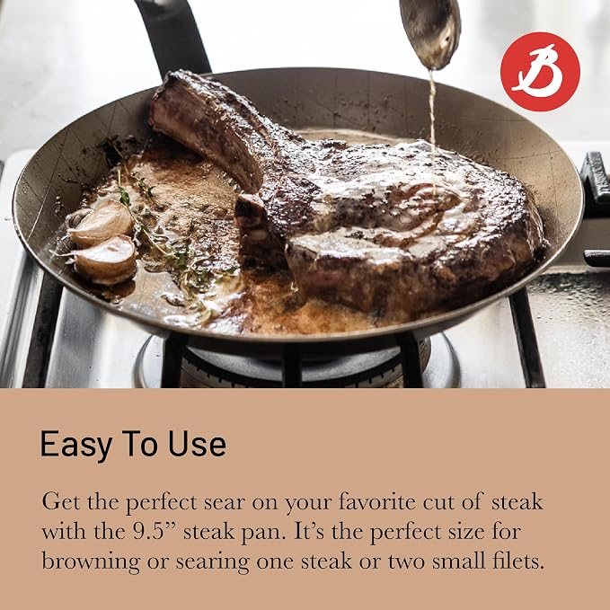 de Buyer MINERAL B Carbon Steel Steak Pan - 9.5” Diameter, 6.9” Cooking Surface - Ideal for Searing & Browning Meat - Naturally Non-Stick Finish - Made in France
