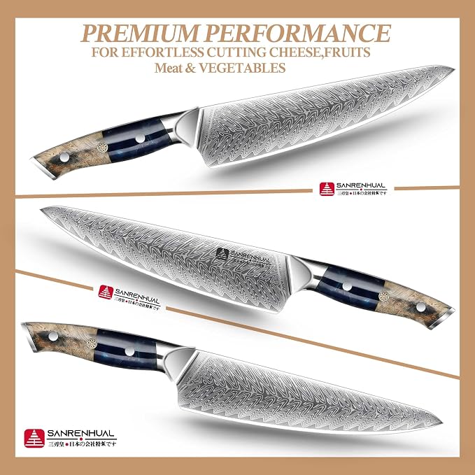 Classic Damascus Chef's Knife 8”, Thin, Light Super Sharp Kitchen Knife, Japanese Damascus Kitchen Knife for All-Around Food Preparation, Professional Resin Handle Chef Knife