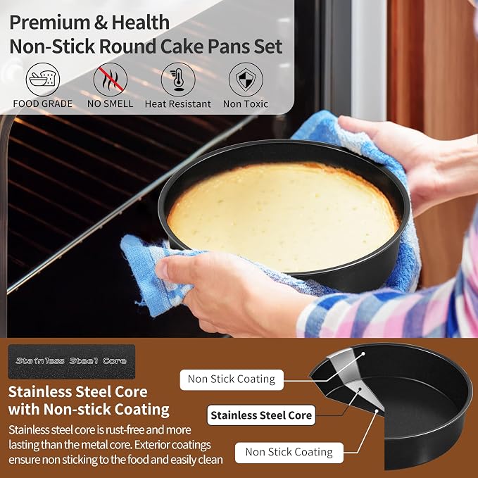 P&P CHEF 7 Inch Cake Pan Set of 3, Non-Stick Round Cake Pans Tins for Tier Smash Cakes, Baking Pans Set & Essential Bakeware, Stainless Steel Core & Leak-Proof