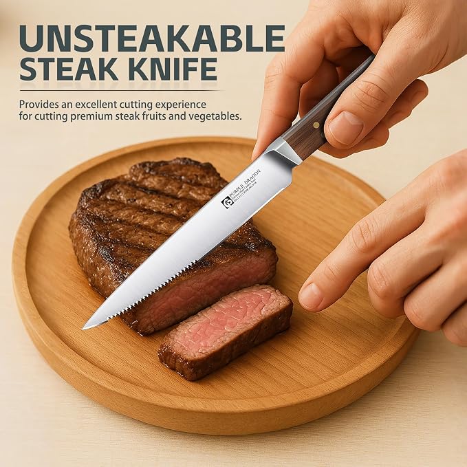 Purple Dragon Steak Knives Set of 6 - Smooth Edge Non-Serrated Blade with Square Wooden Handle – Elegant, Balanced, High Carbon German Steel - Christmas Gift for Men and Women
